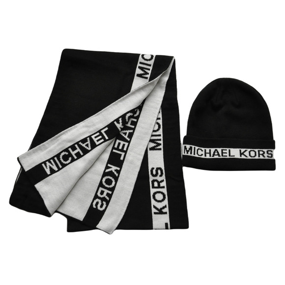 Michael Kors Logo Unisex Beanie Hat & Scarf 2 Piece Set Black $158 - Picture 1 of 3